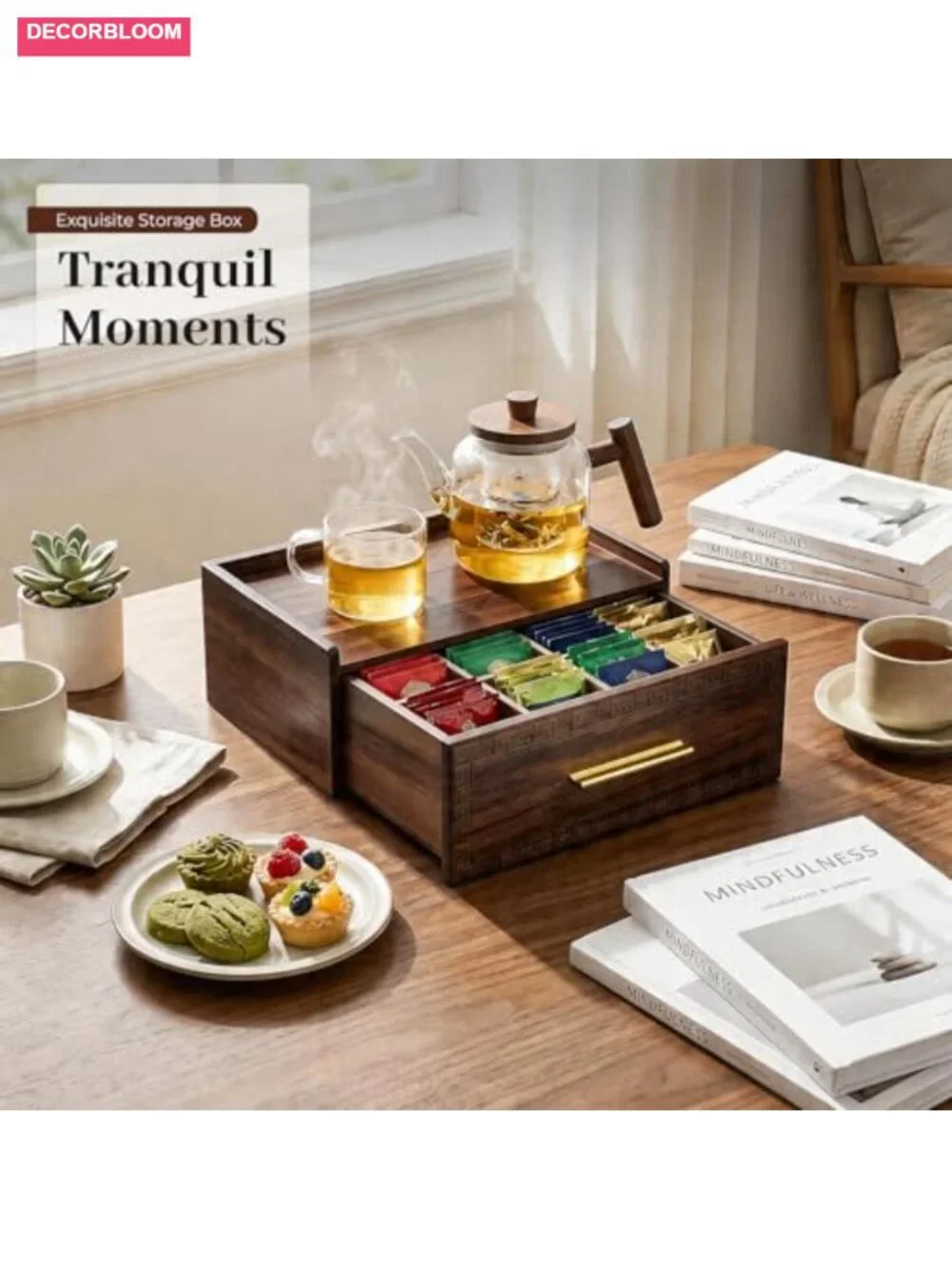 Acacia Wood Tea Bag Organizer with Drawer, 8 Compartments, 2 Coasters